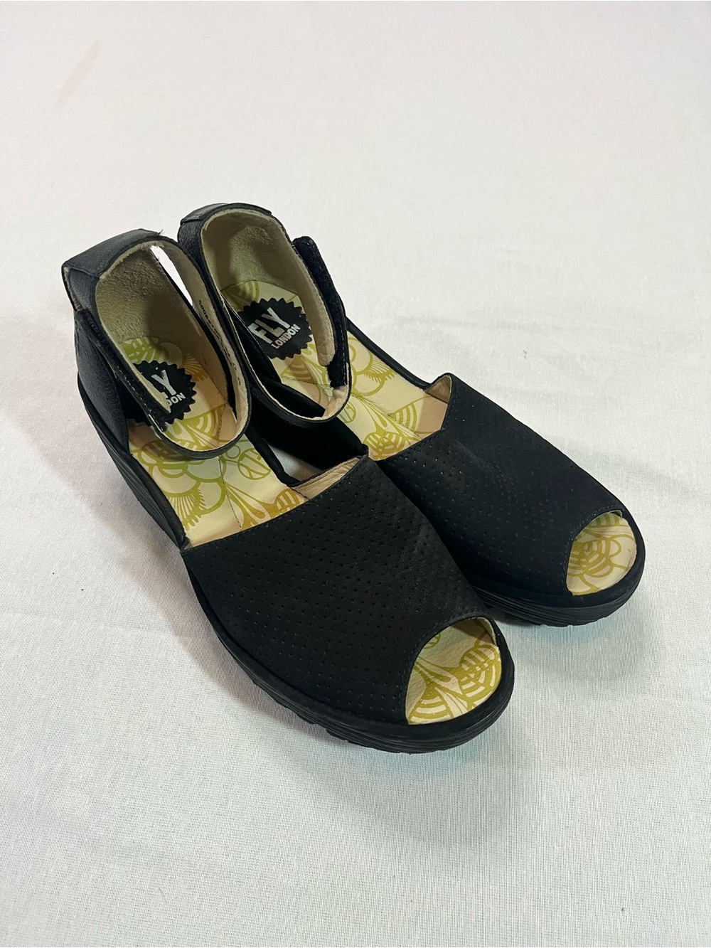 Fly London Black Open-Toe Perforated Wedges 38 7.5